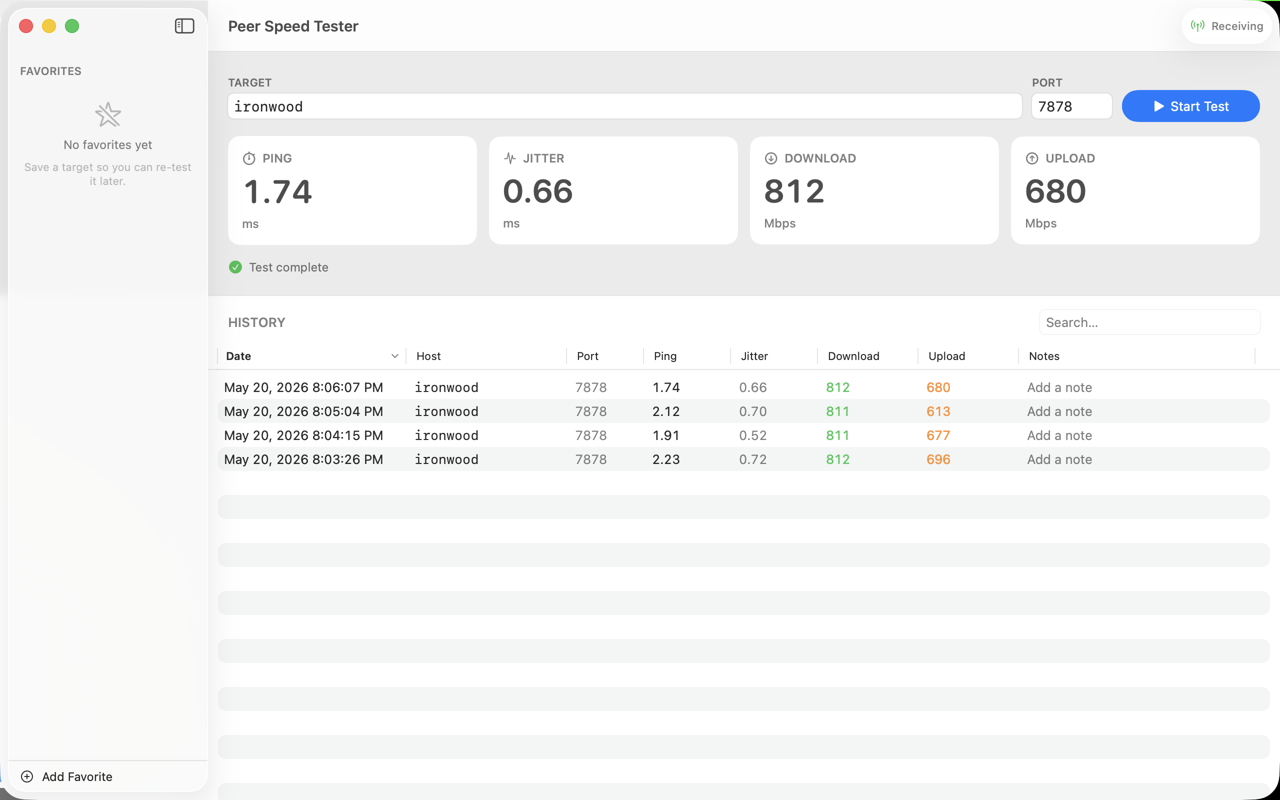 Jitter Box main window showing ping, jitter, download, and upload measurements with a list of recent test history