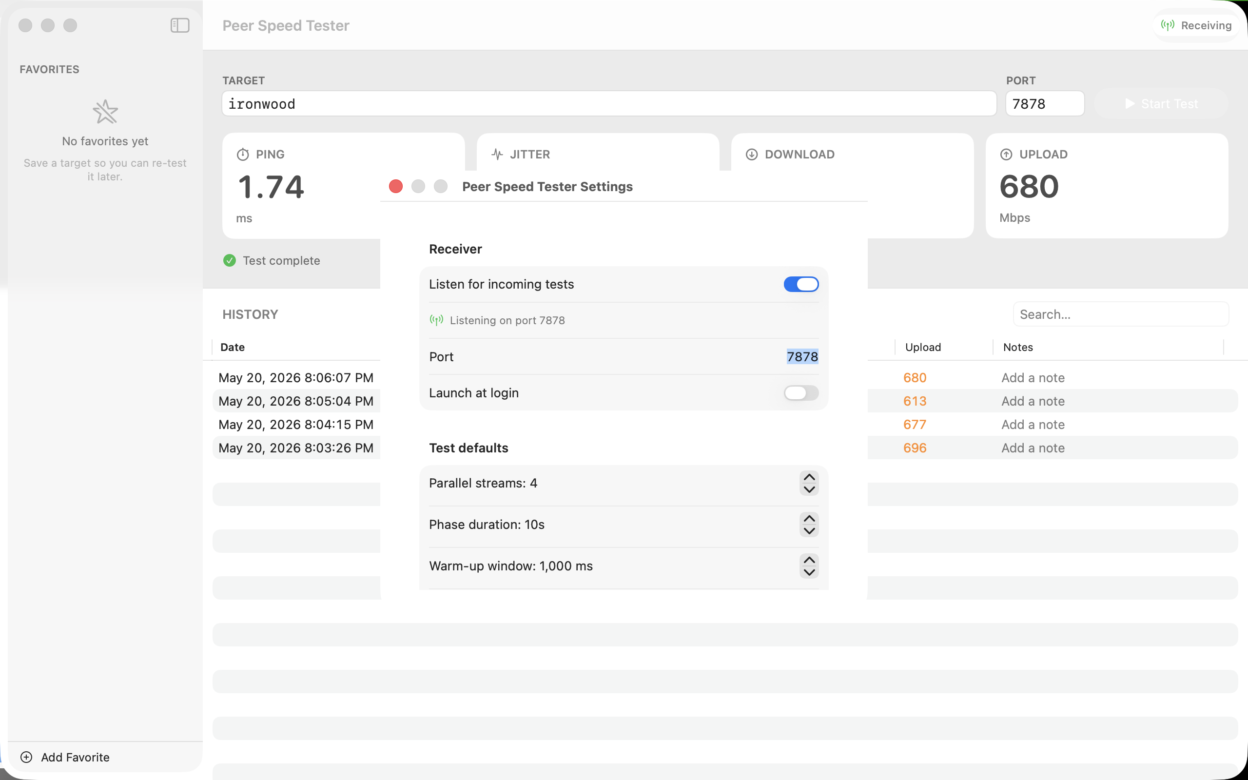 Jitter Box settings panel with 'Listen for incoming tests' enabled on port 7878